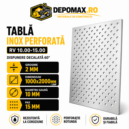 Tabla inox perforata AISI 304 RV 10.00-15.00, 2 x 1000 x 2000 mm, 2 mp